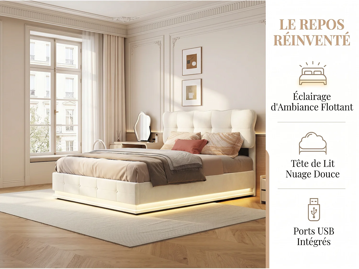 Lit coffre140x190 cm - LED RGB intégrée - Velours beige - Sommier relevable - Rangement sous lit