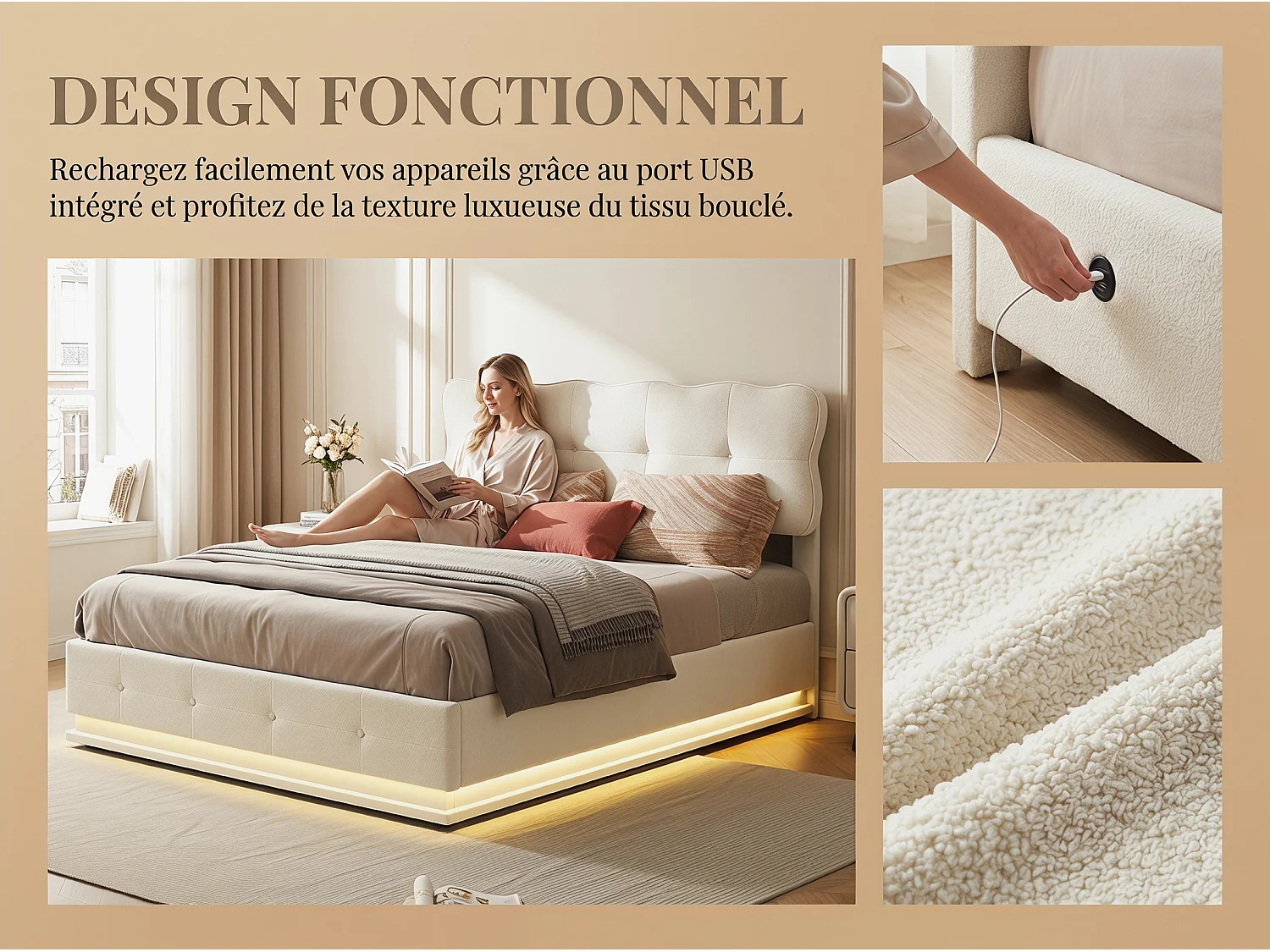 Lit coffre140x190 cm - LED RGB intégrée - Velours beige - Sommier relevable - Rangement sous lit