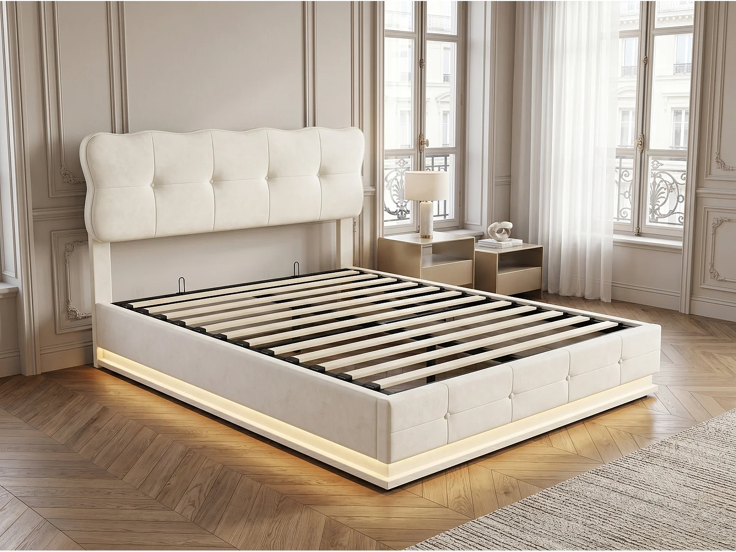 Lit coffre140x190 cm - LED RGB intégrée - Velours beige - Sommier relevable - Rangement sous lit