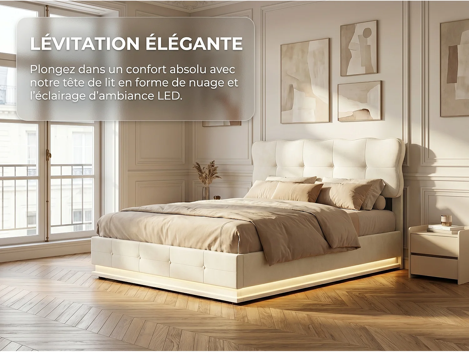 Lit coffre140x190 cm - LED RGB intégrée - Velours beige - Sommier relevable - Rangement sous lit