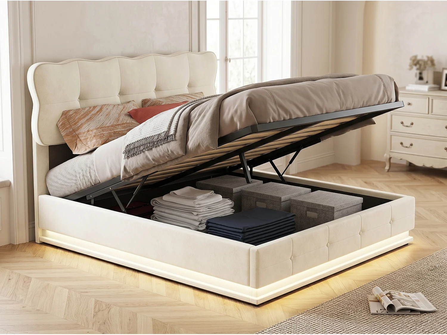 Lit coffre140x190 cm - LED RGB intégrée - Velours beige - Sommier relevable - Rangement sous lit