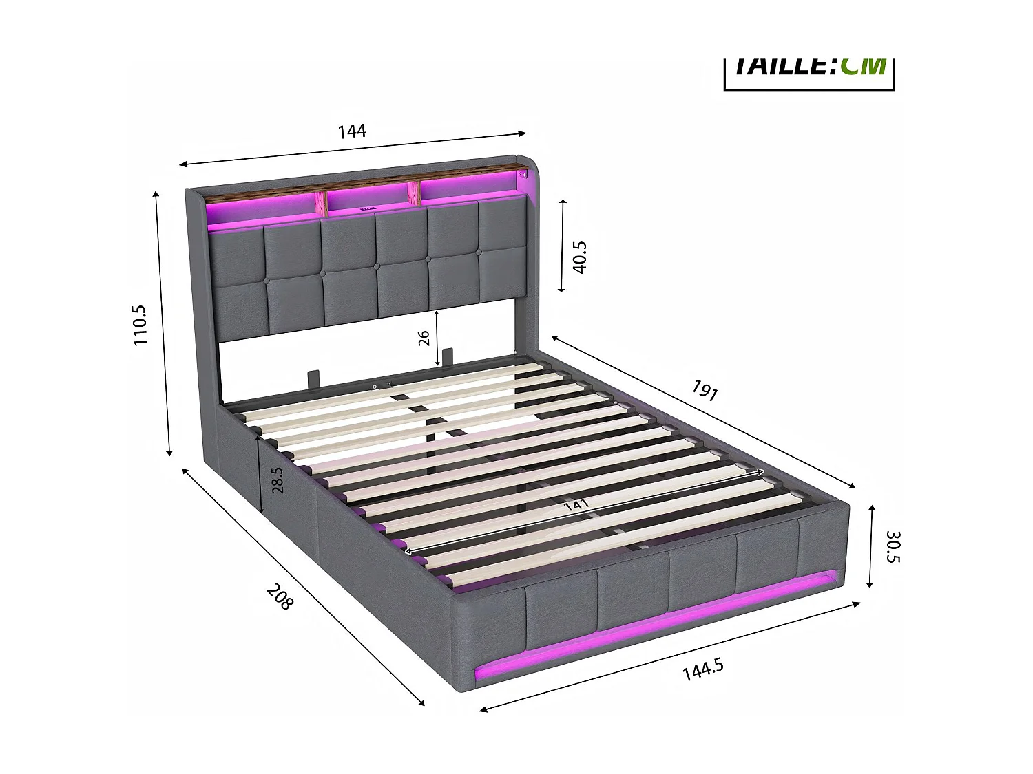 Lit coffre tissu lin avec LED et USB Type-C, lit double avec rangement tête de lit, design moderne