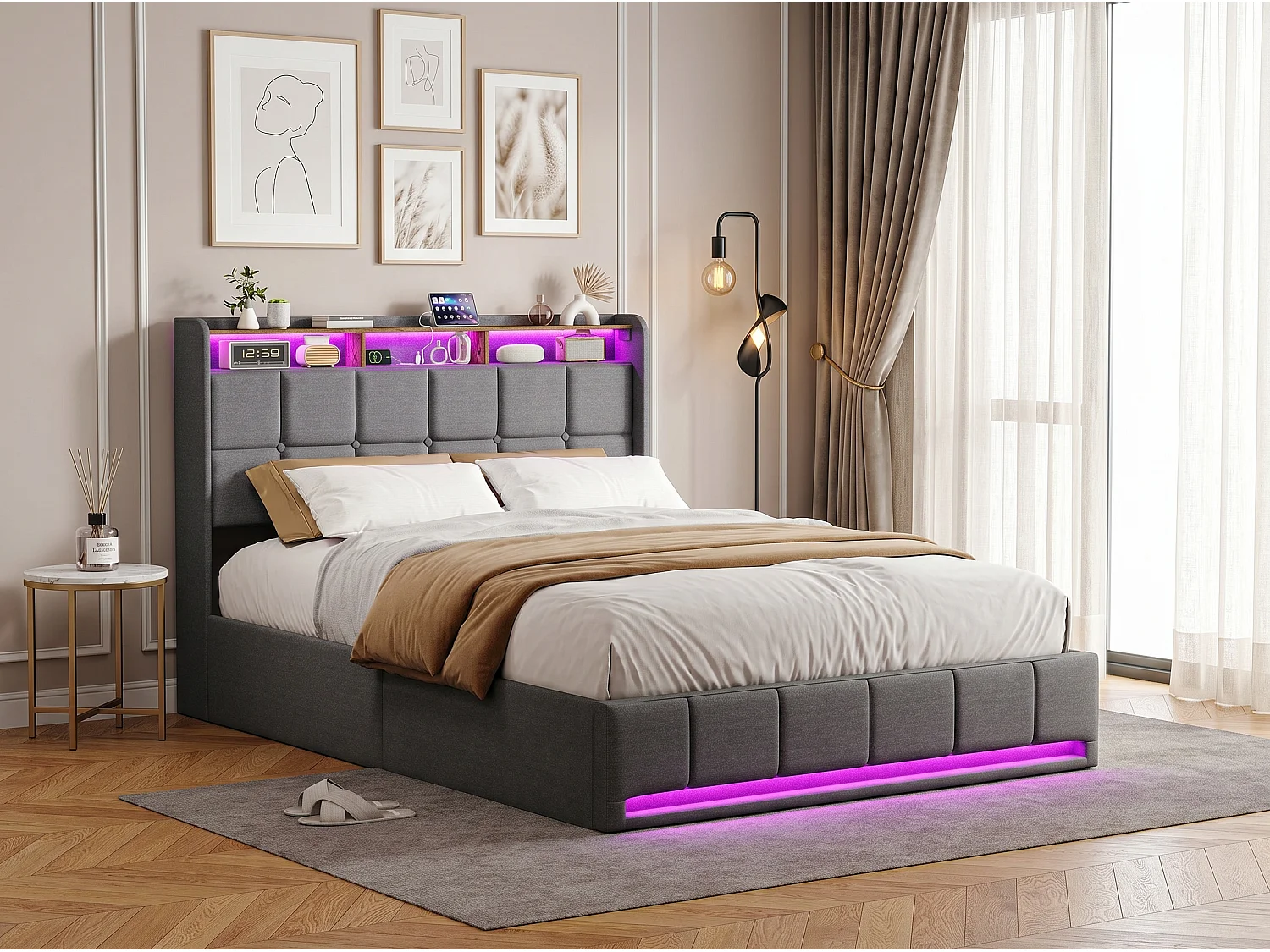 Lit coffre 140x190 cm gris avec LED USB, tête de lit rangement et sommier à lattes, lit double rembourré