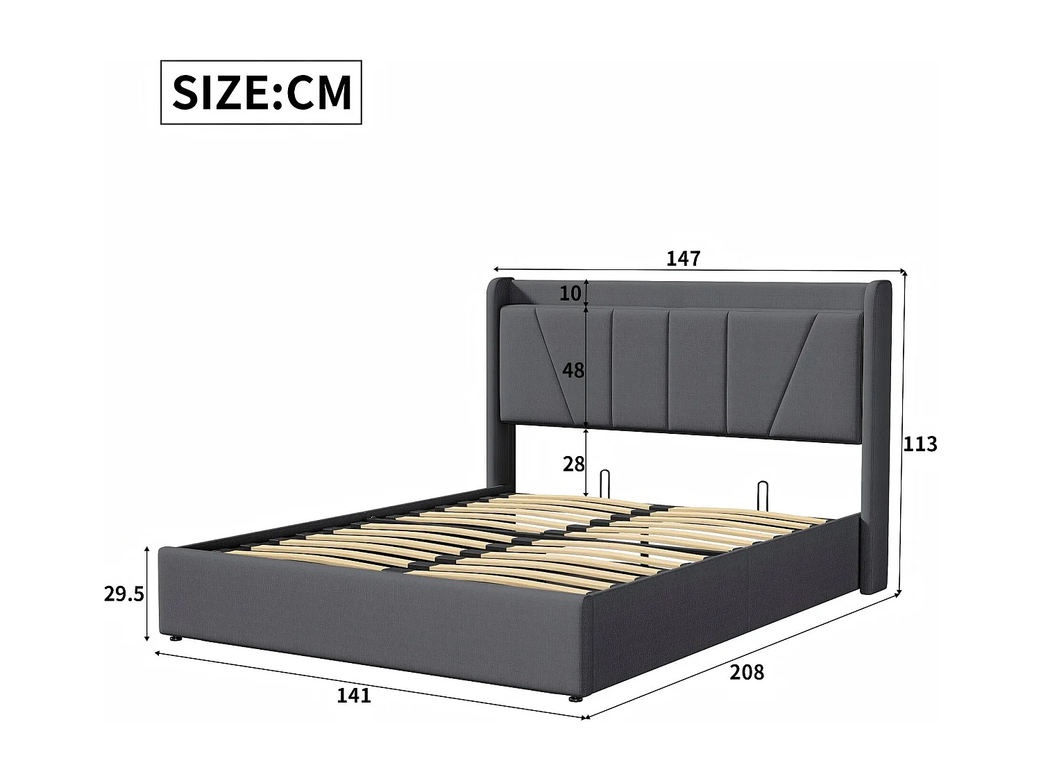 Lit coffre rembourré 140x200 cm - Ports USB + Type-C - Tête de lit avec étagère - Sommier relevable - Grand rangement