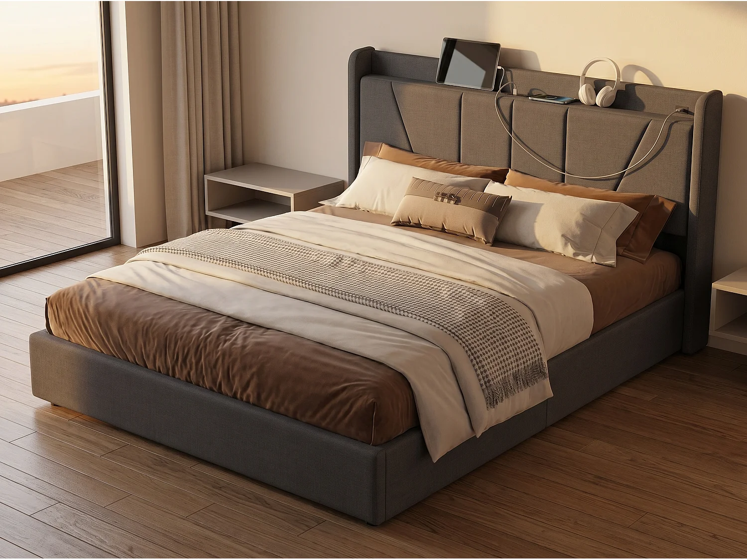 Lit coffre rembourré 140x200 cm - Ports USB + Type-C - Tête de lit avec étagère - Sommier relevable - Grand rangement