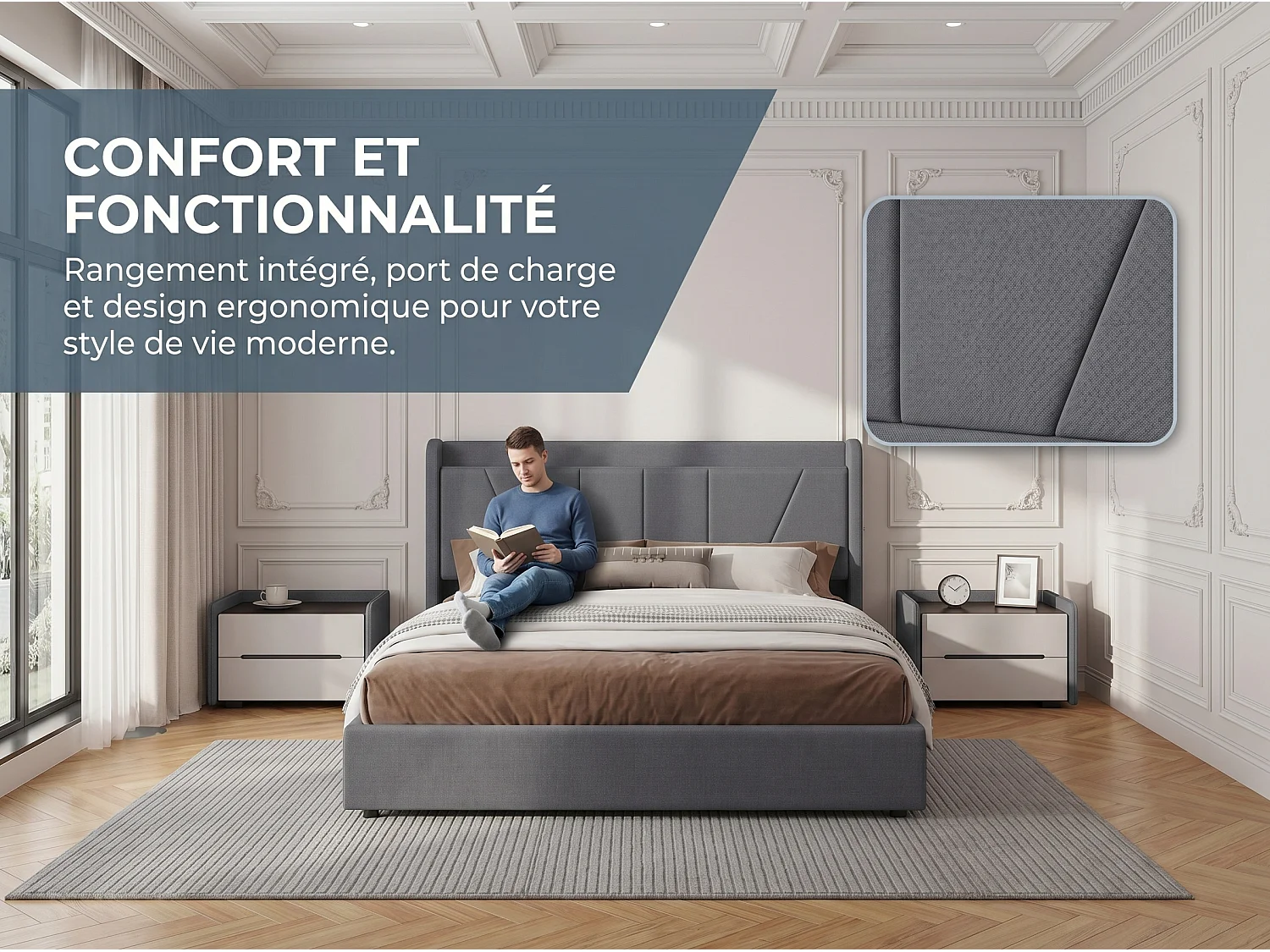 Lit coffre rembourré 140x200 cm - Ports USB + Type-C - Tête de lit avec étagère - Sommier relevable - Grand rangement