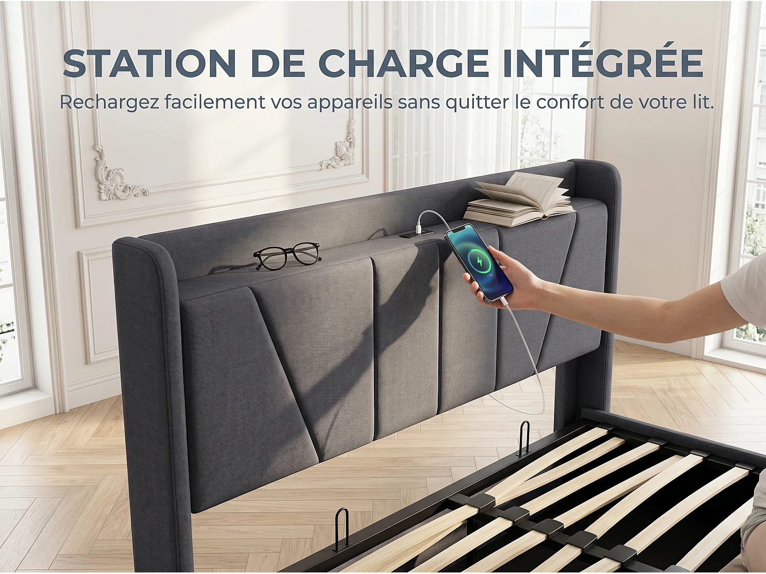 Lit coffre rembourré 140x200 cm - Ports USB + Type-C - Tête de lit avec étagère - Sommier relevable - Grand rangement