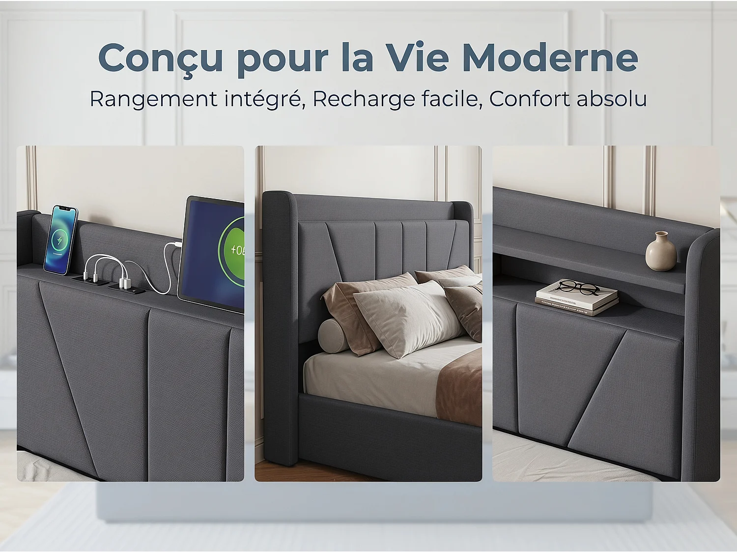 Lit coffre rembourré 140x200 cm - Ports USB + Type-C - Tête de lit avec étagère - Sommier relevable - Grand rangement