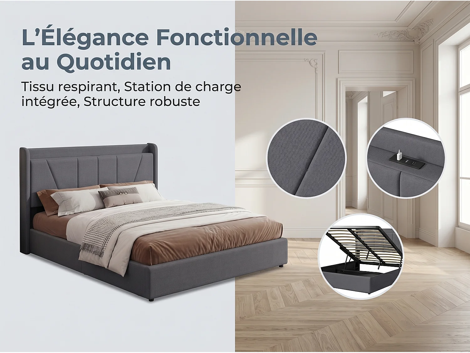 Lit coffre rembourré 140x200 cm - Ports USB + Type-C - Tête de lit avec étagère - Sommier relevable - Grand rangement
