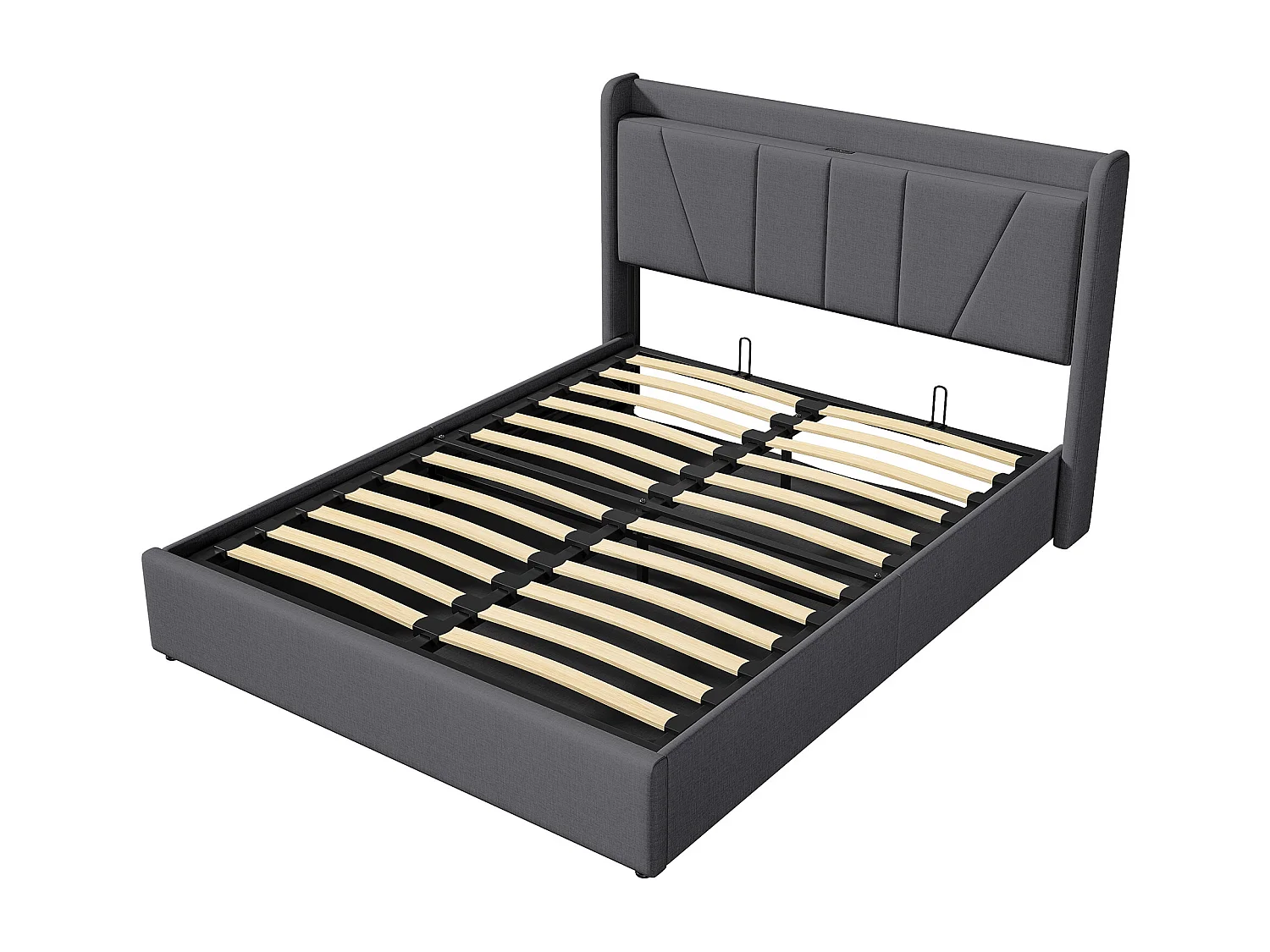 Lit coffre rembourré 140x200 cm - Ports USB + Type-C - Tête de lit avec étagère - Sommier relevable - Grand rangement