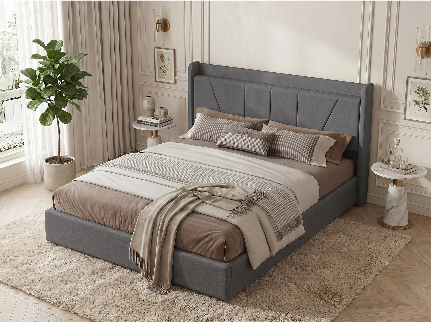 Lit coffre rembourré 140x200 cm - Ports USB + Type-C - Tête de lit avec étagère - Sommier relevable - Grand rangement