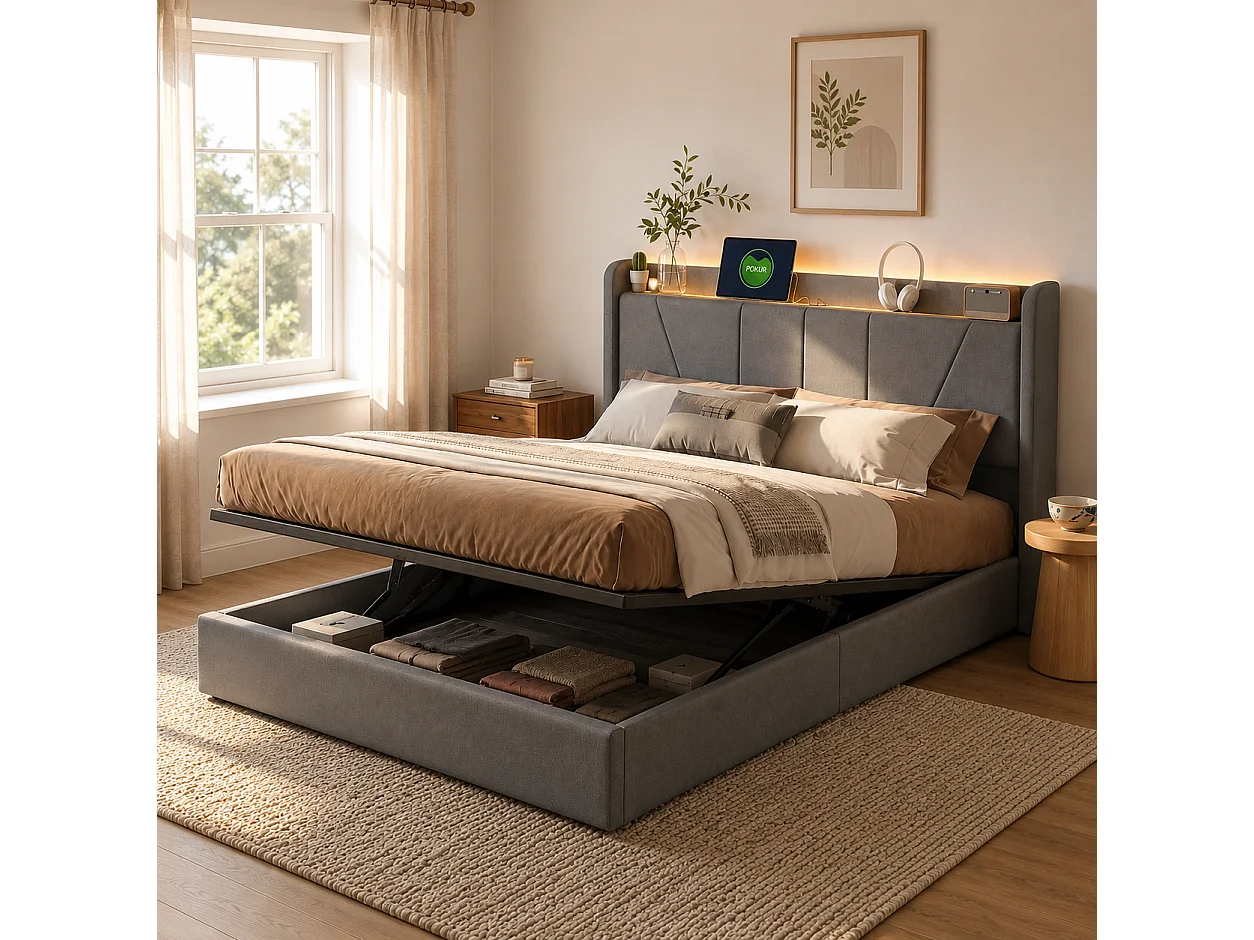 Lit coffre rembourré 140x200 cm - Ports USB + Type-C - Tête de lit avec étagère - Sommier relevable