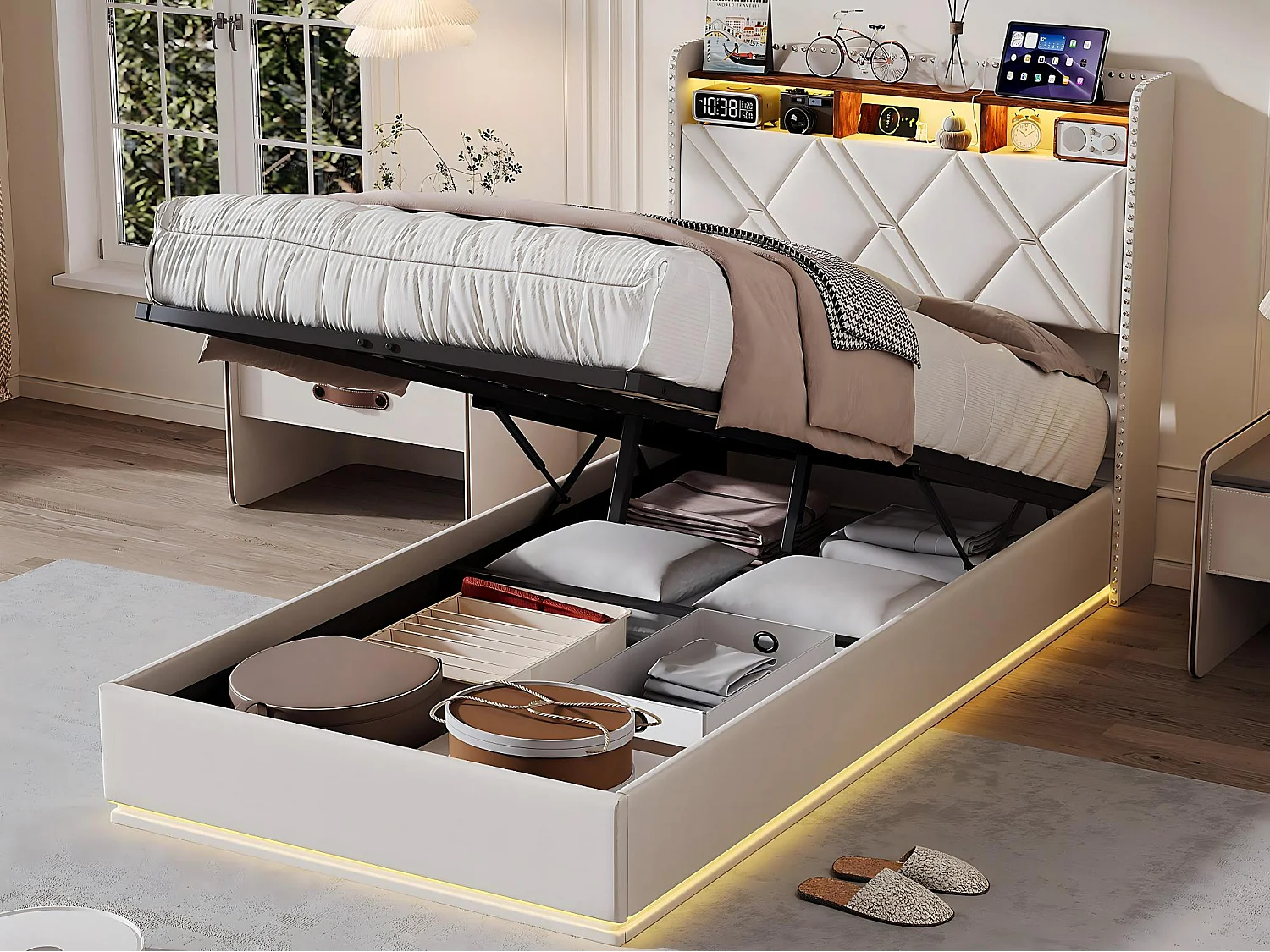 Lit coffre 90x200 cm - LED intégrée et rangement - Tête de lit avec étagères - Sommier relevable