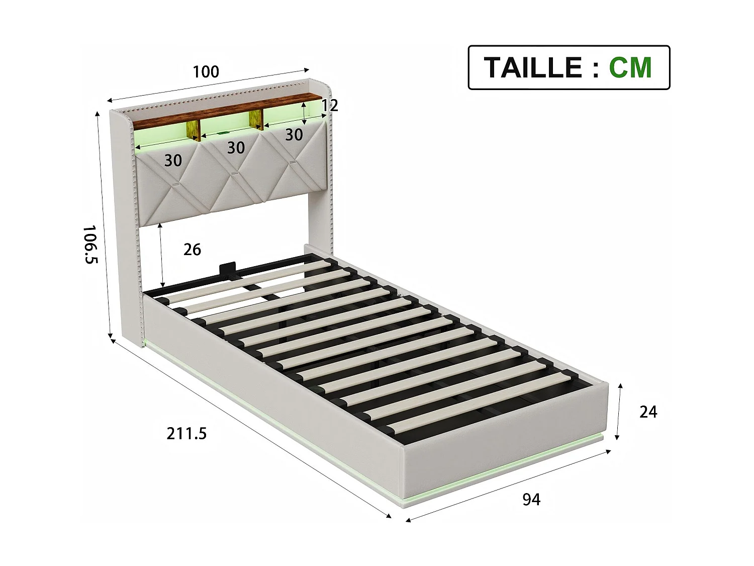 Lit coffre 90x200 cm - LED intégrée et rangement - Tête de lit avec étagères - Sommier relevable