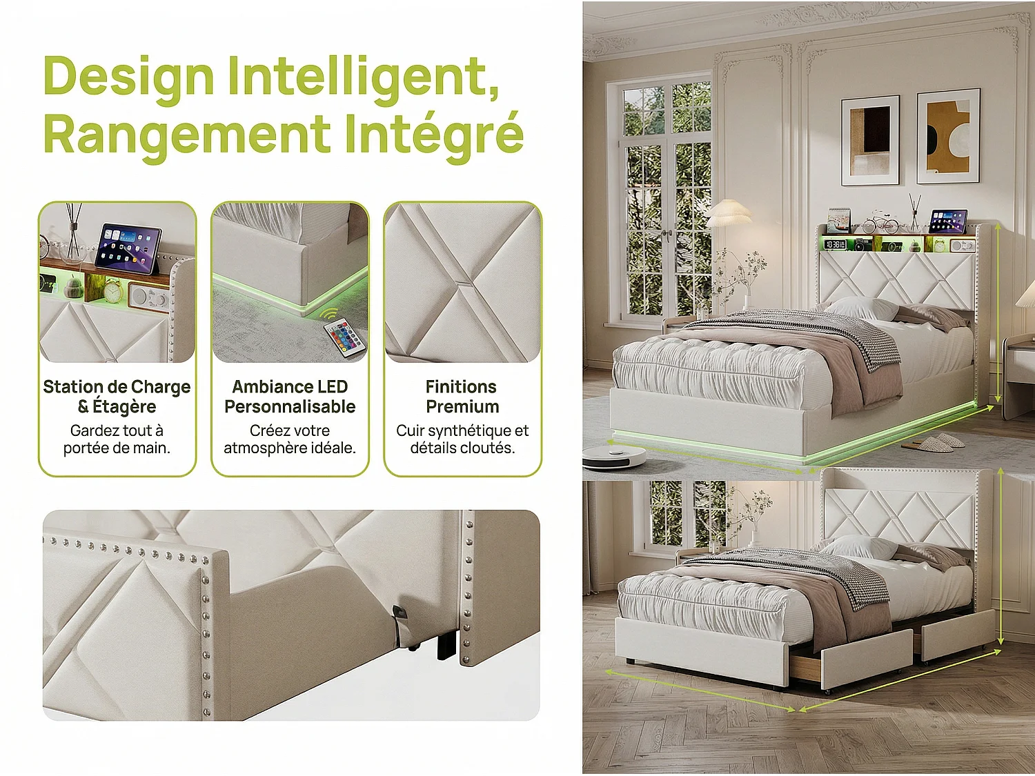 Lit coffre 90x200 cm - LED intégrée et rangement - Tête de lit avec étagères - Sommier relevable