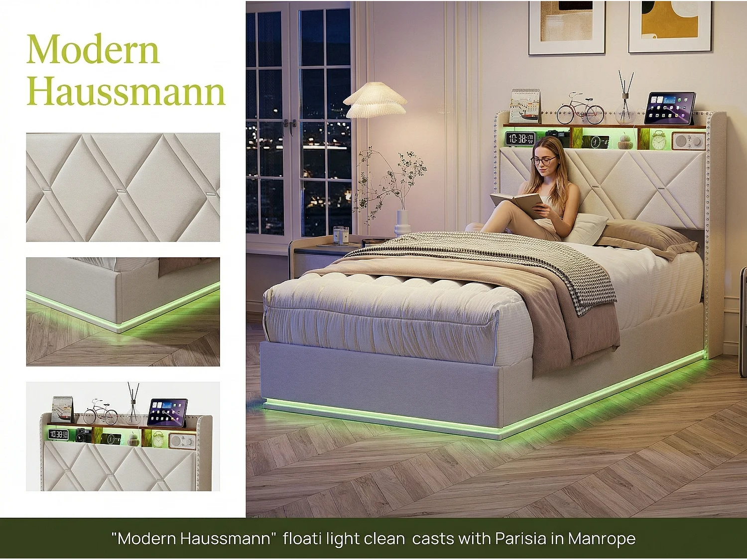 Lit coffre 90x200 cm - LED intégrée et rangement - Tête de lit avec étagères - Sommier relevable