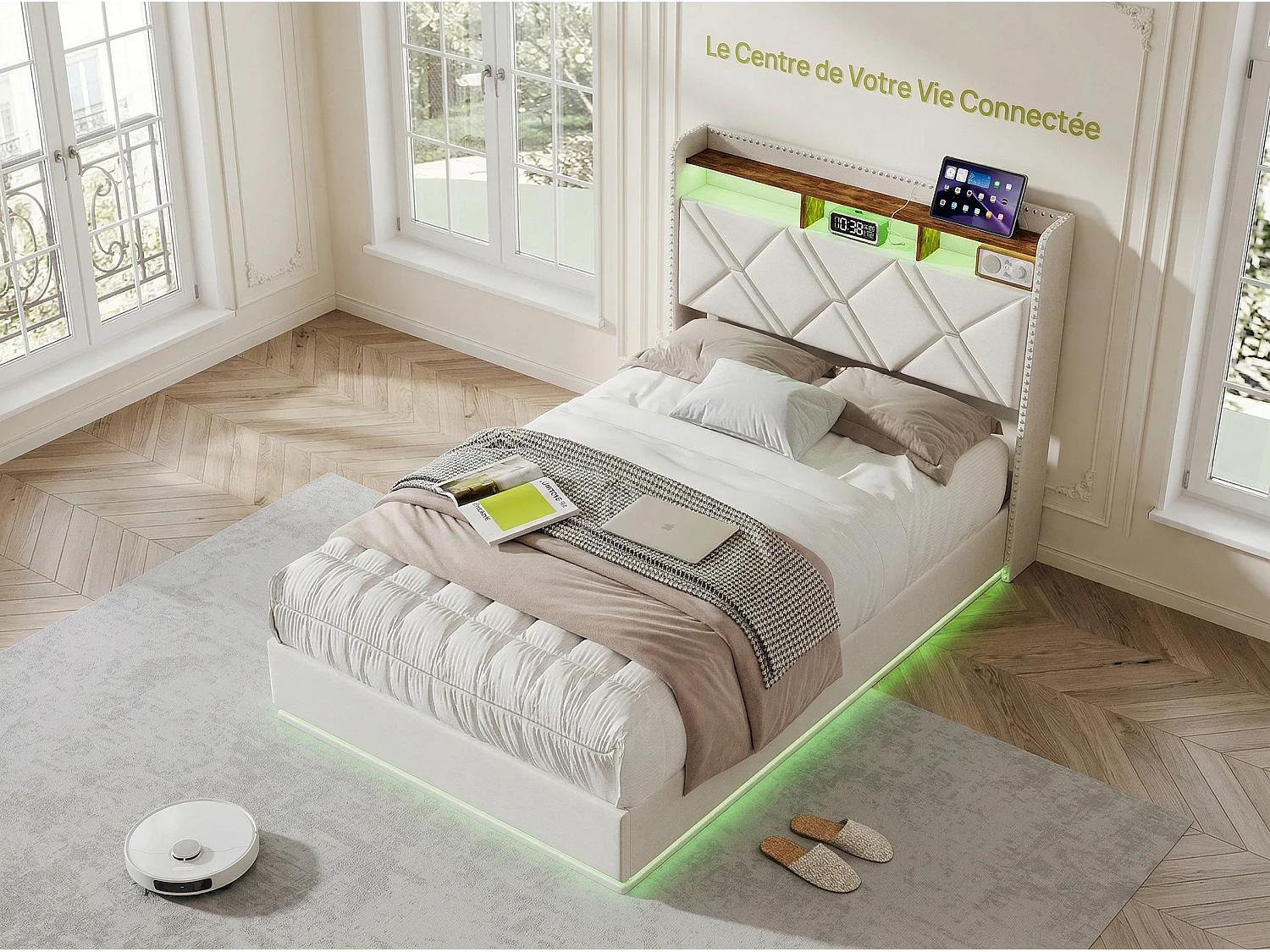 Lit coffre 90x200 cm - LED intégrée et rangement - Tête de lit avec étagères - Sommier relevable