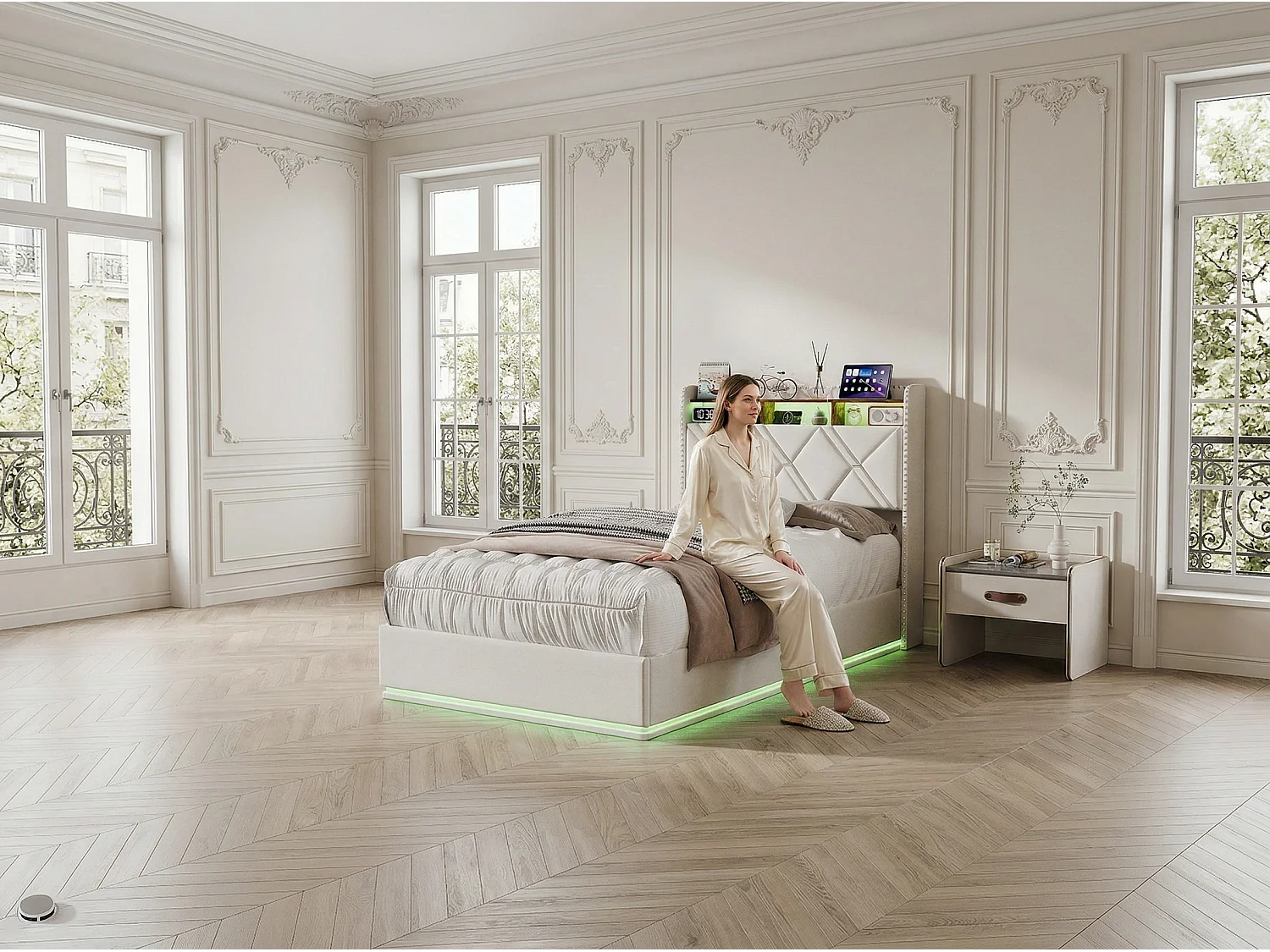 Lit coffre 90x200 cm - LED intégrée et rangement - Tête de lit avec étagères - Sommier relevable