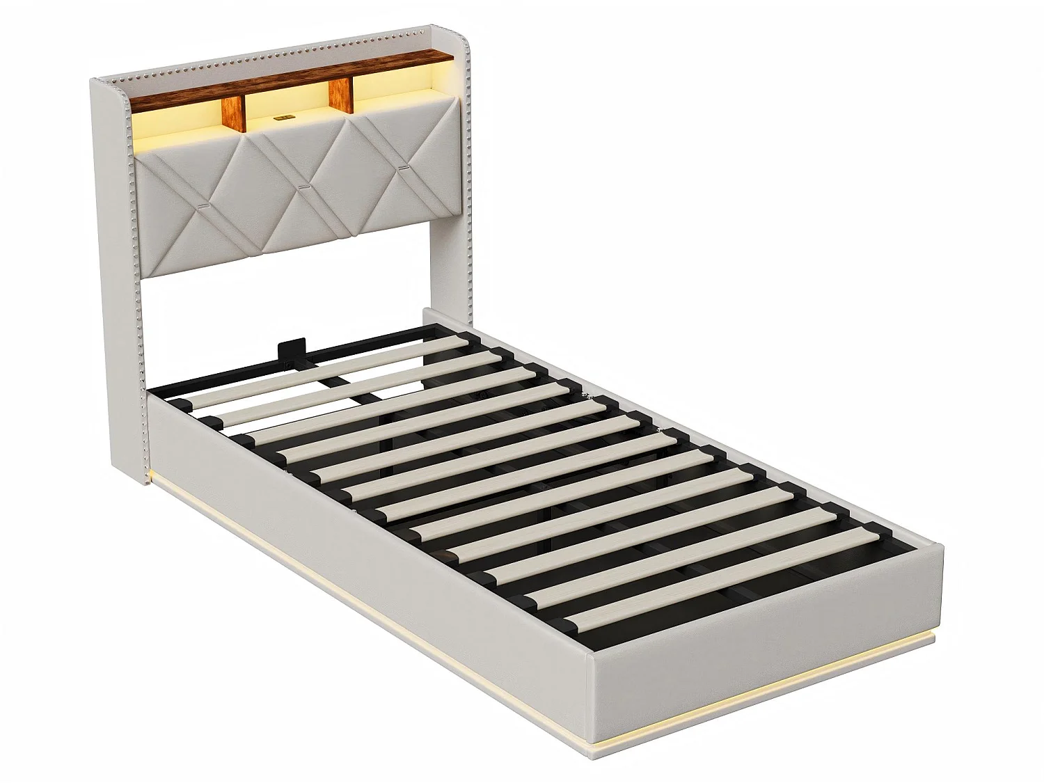 Lit coffre 90x200 cm - LED intégrée et rangement - Tête de lit avec étagères - Sommier relevable