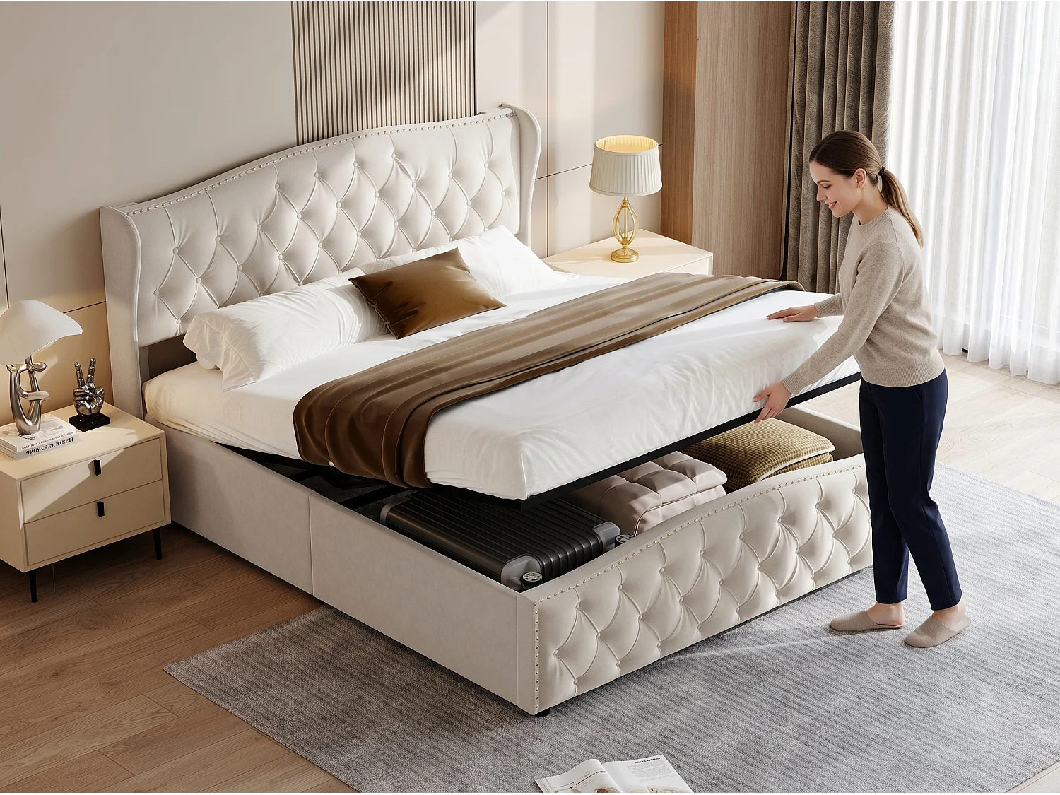 Lit coffre capitonné - 160x200cm - avec tiroir et sommier à lattes - Beige