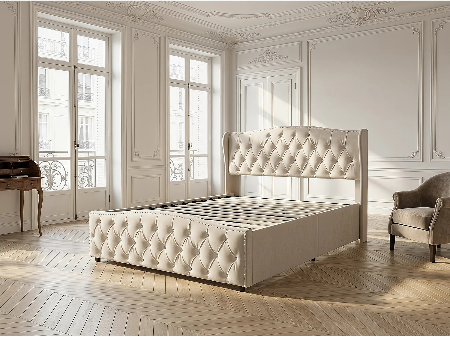 Lit coffre capitonné - 160x200cm - avec tiroir et sommier à lattes - Beige
