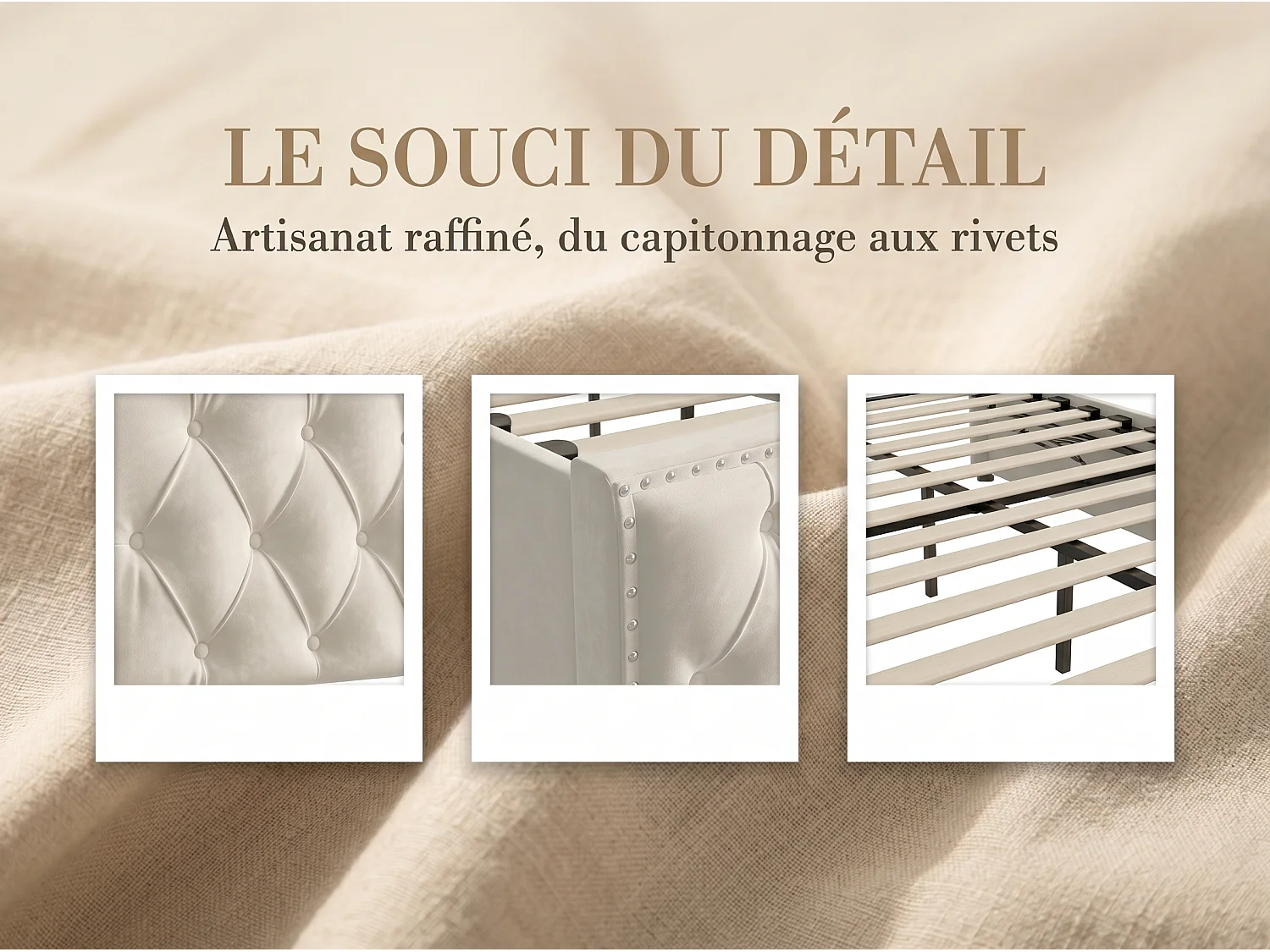Lit coffre capitonné - 160x200cm - avec tiroir et sommier à lattes - Beige
