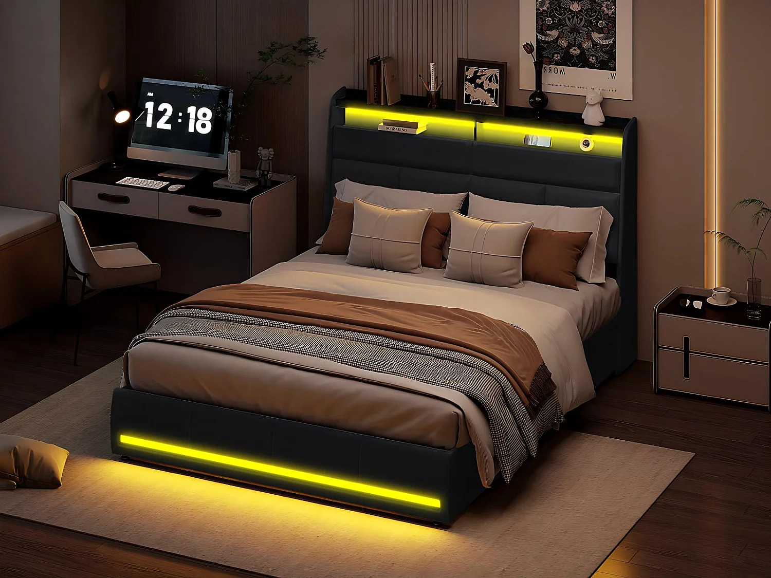 Lit coffre LED flottant noir avec éclairage, lit double design moderne, tête de lit rembourrée, rangement
