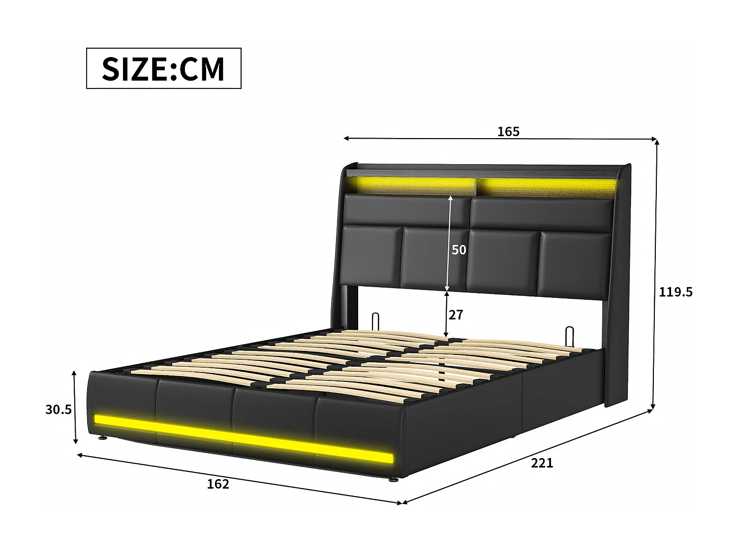 Lit coffre LED flottant noir avec éclairage, lit double design moderne, tête de lit rembourrée, rangement