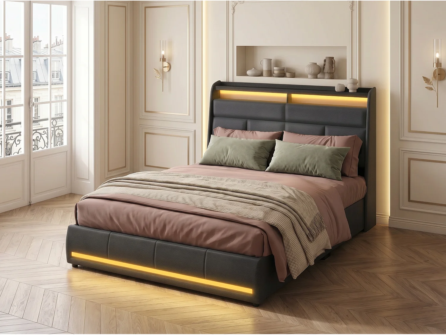 Lit rembourré 160x200 cm - noir avec double éclairage LED - tête de lit avec rangement