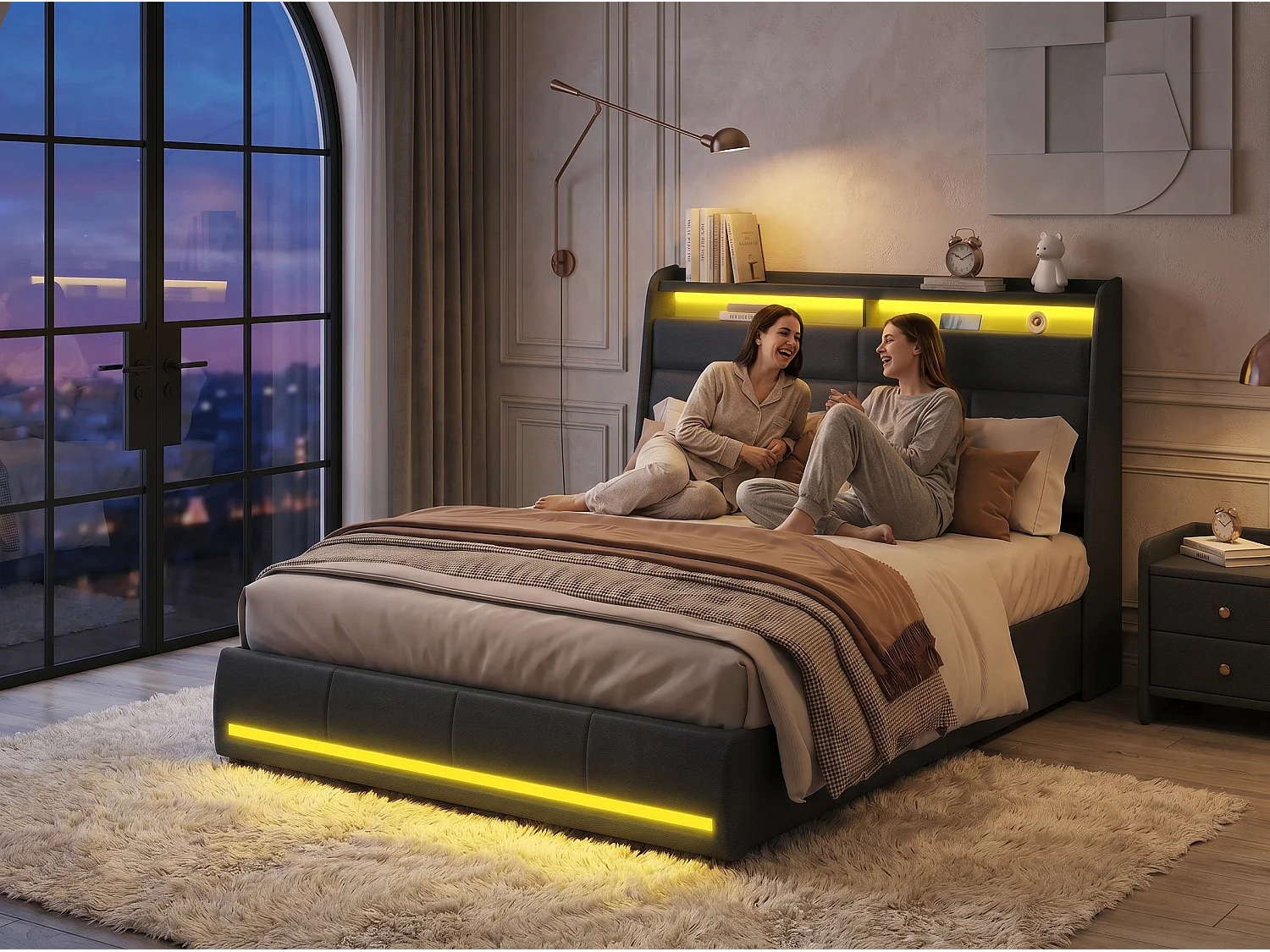 Lit rembourré 160x200 cm - noir avec double éclairage LED - tête de lit avec rangement