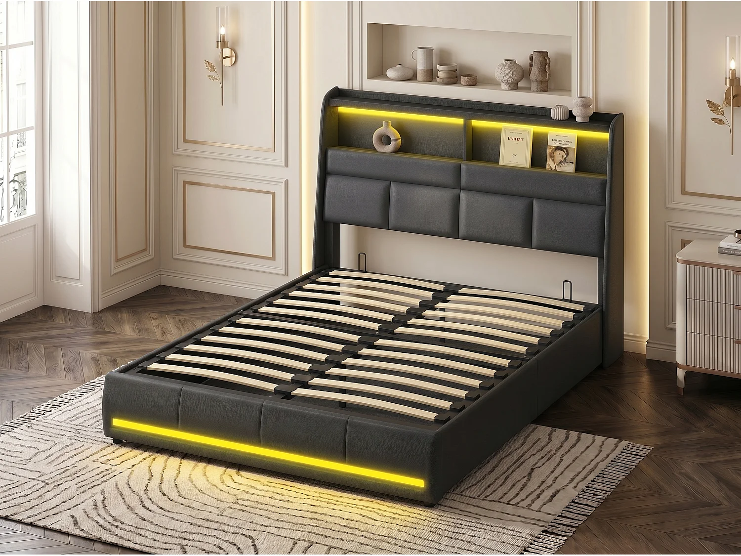Lit rembourré 160x200 cm - noir avec double éclairage LED - tête de lit avec rangement