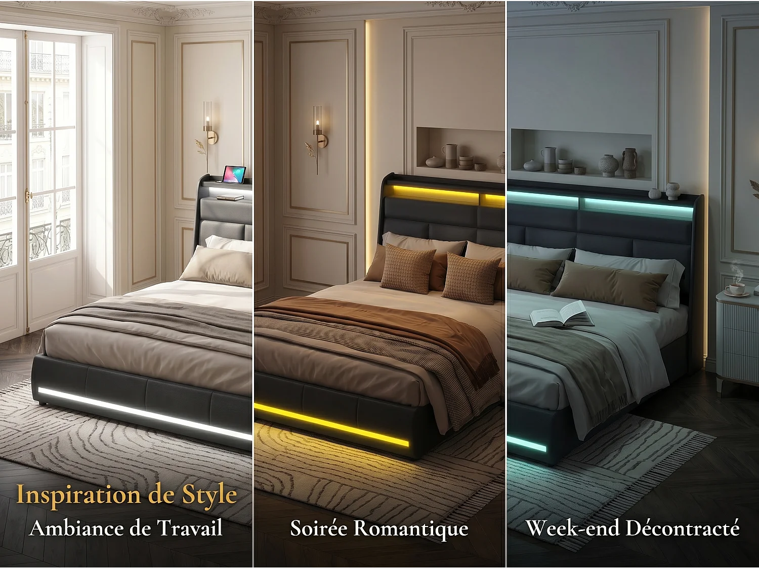 Lit rembourré 160x200 cm - noir avec double éclairage LED - tête de lit avec rangement
