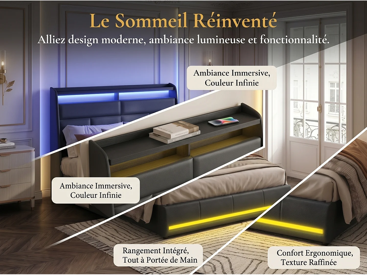 Lit rembourré 160x200 cm - noir avec double éclairage LED - tête de lit avec rangement