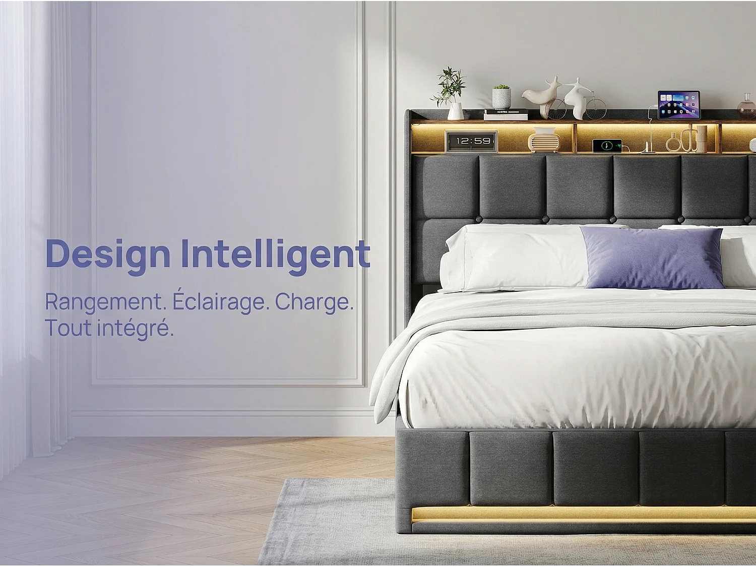 Lit coffre tissu lin avec LED et USB Type-C, lit double avec rangement tête de lit, design moderne