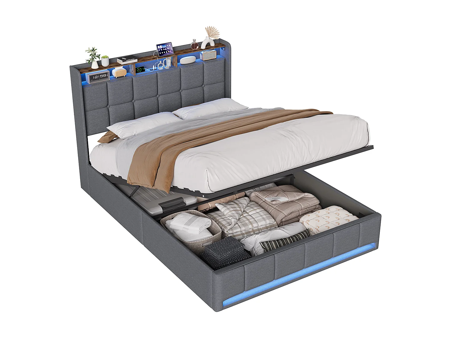 Lit coffre 140x200 cm gris avec LED USB, tête de lit rangement et sommier à lattes, lit double rembourré
