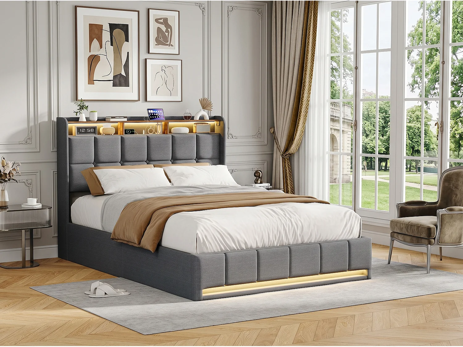 Lit coffre 140x200 cm gris avec LED USB, tête de lit rangement et sommier à lattes, lit double rembourré