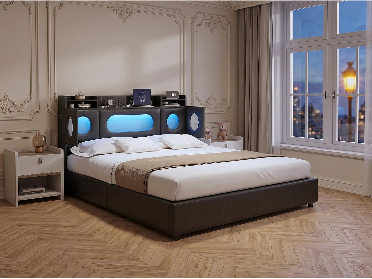 Lit coffre rembourré 140x200 cm en tissu effet lin - éclairage LED et port USB - tête de lit avec rangement - sommier relevable
