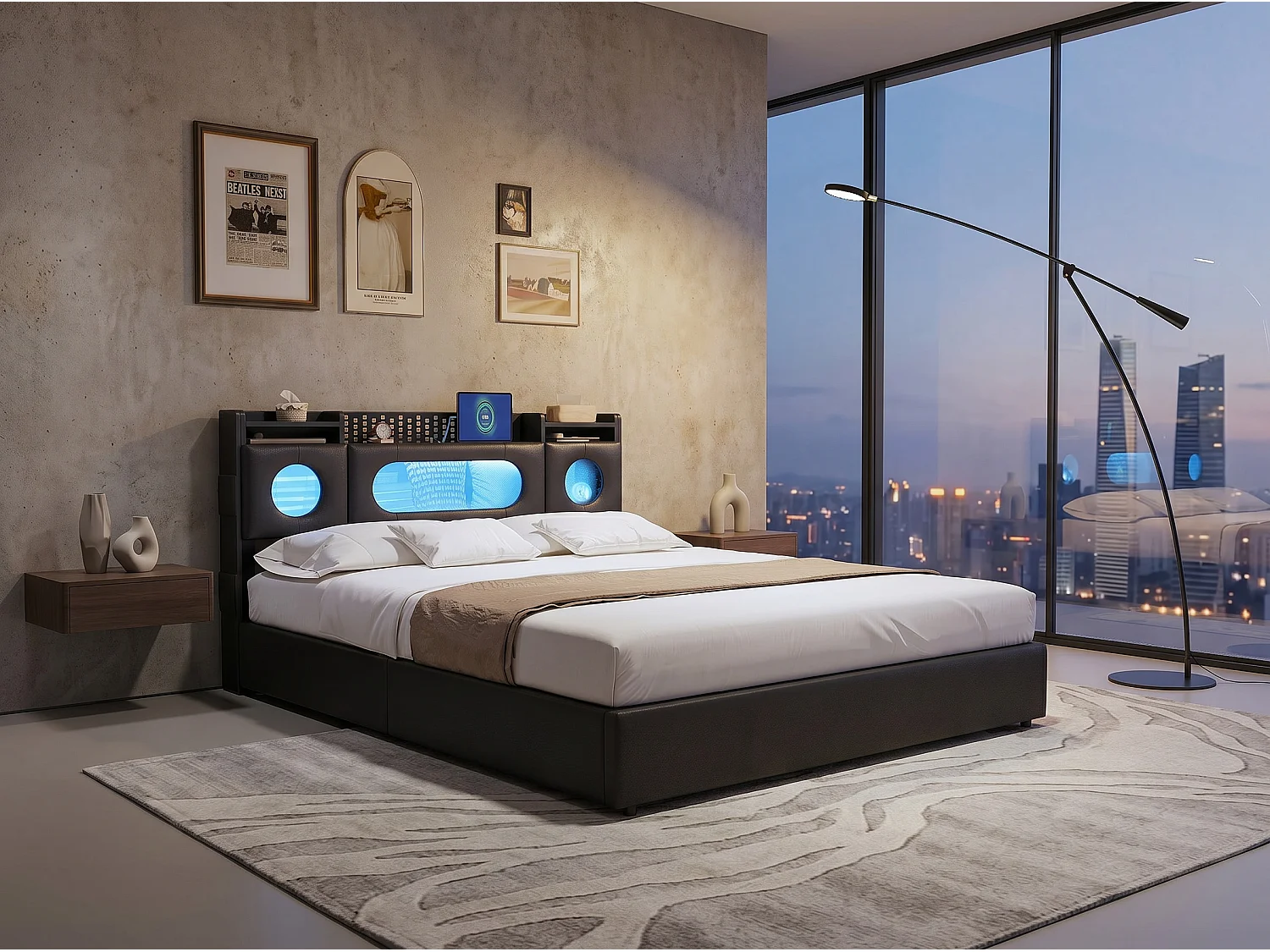 Lit coffre rembourré 140x200 cm en tissu effet lin - éclairage LED et port USB - tête de lit avec rangement - sommier relevable