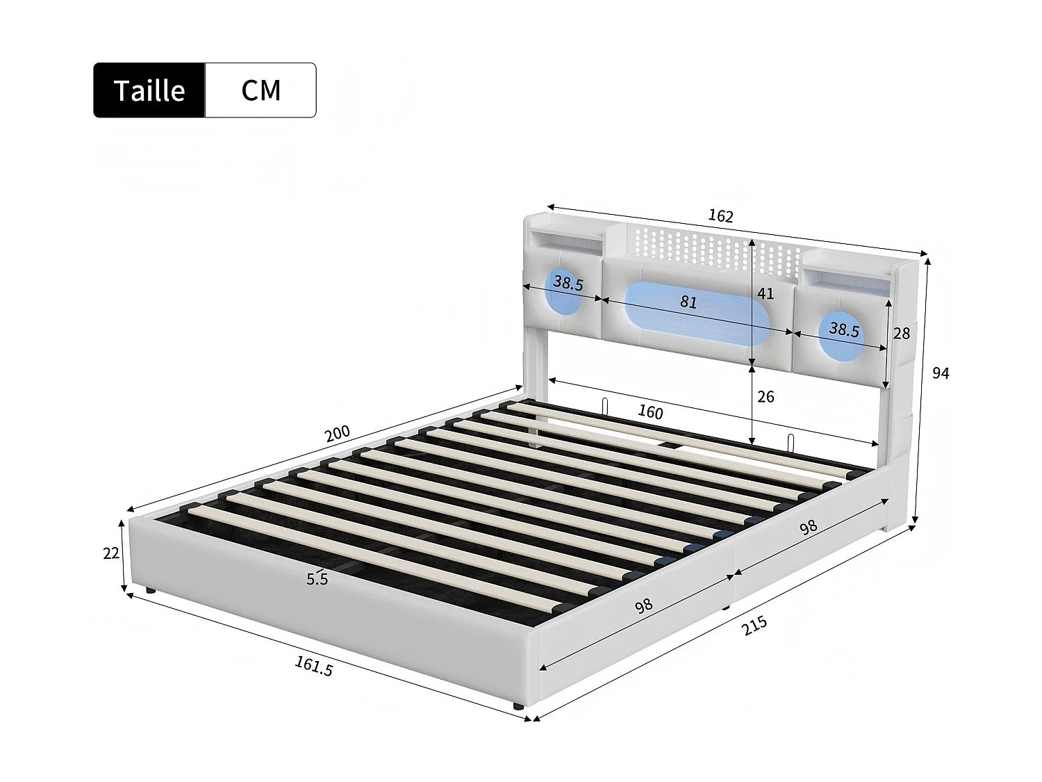 Lit coffre 160x200 cm en tissu lin - éclairage LED et port USB - tête de lit avec rangement - sommier à lattes avec rangement hydraulique