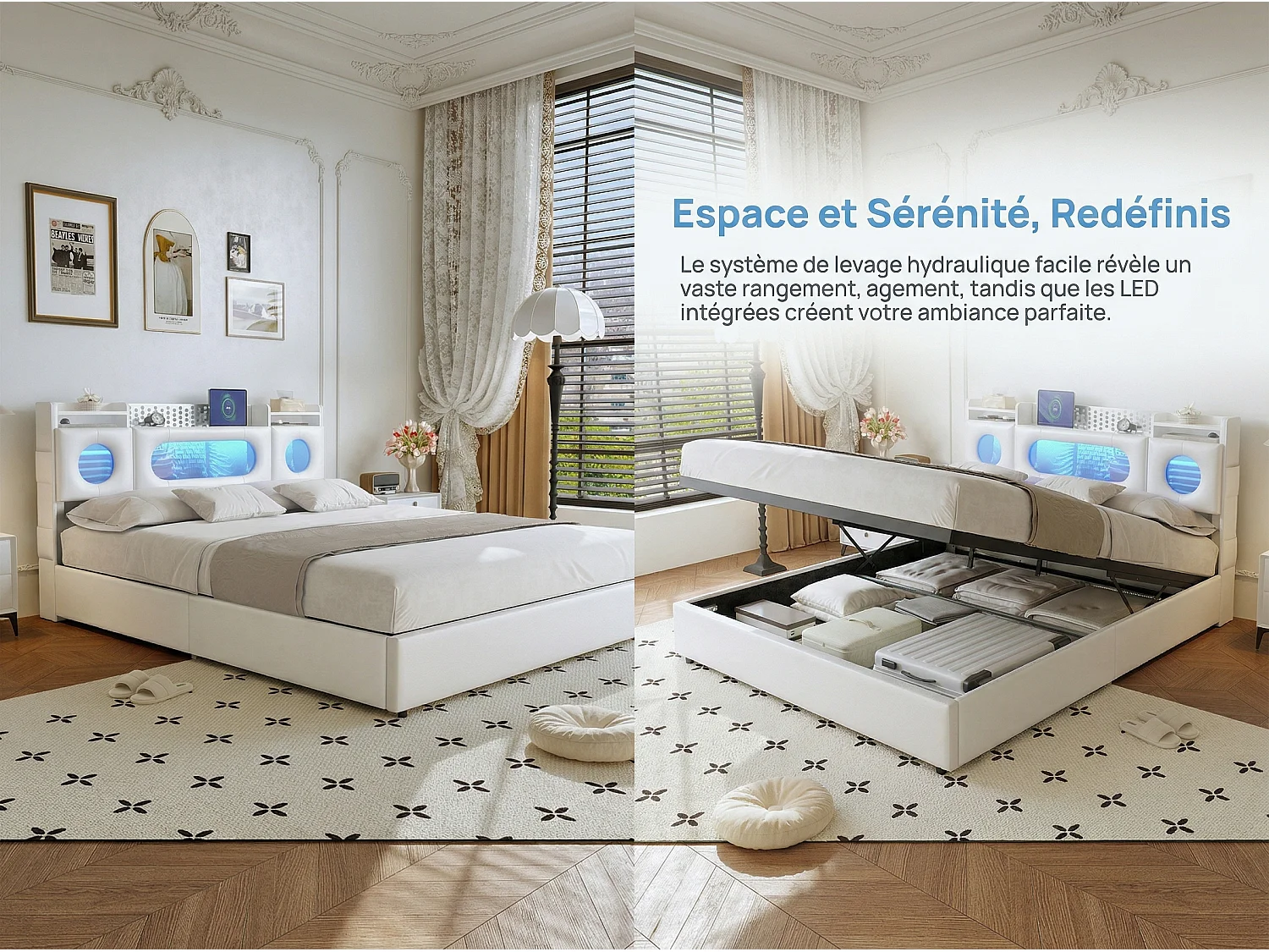 Lit coffre 160x200 cm en tissu lin - éclairage LED et port USB - tête de lit avec rangement - sommier à lattes avec rangement hydraulique