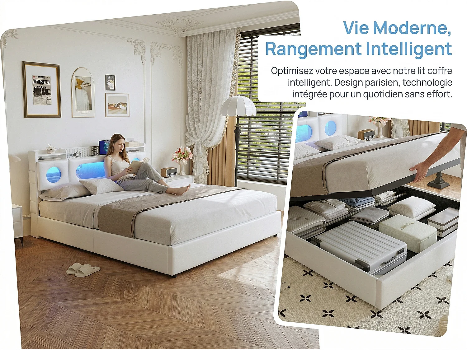 Lit coffre 160x200 cm en tissu lin - éclairage LED et port USB - tête de lit avec rangement - sommier à lattes avec rangement hydraulique