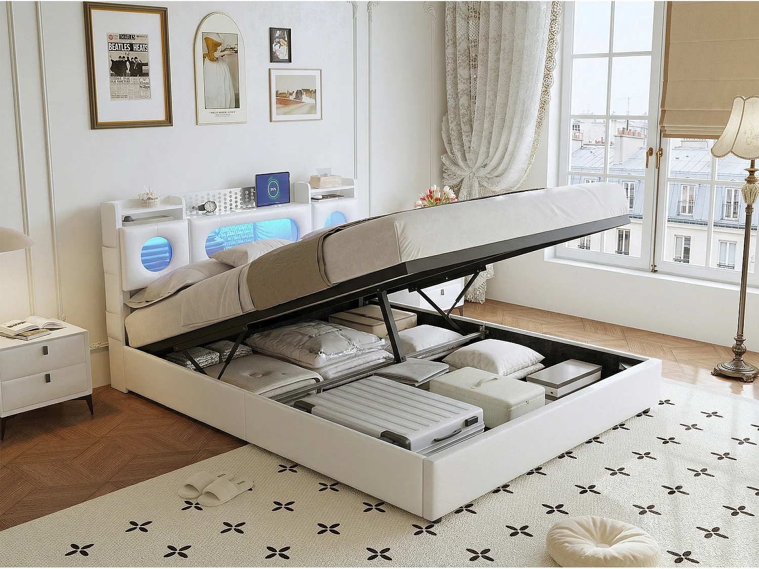 Lit coffre 160x200 cm en tissu lin - éclairage LED et port USB - tête de lit avec rangement - sommier à lattes avec rangement hydraulique
