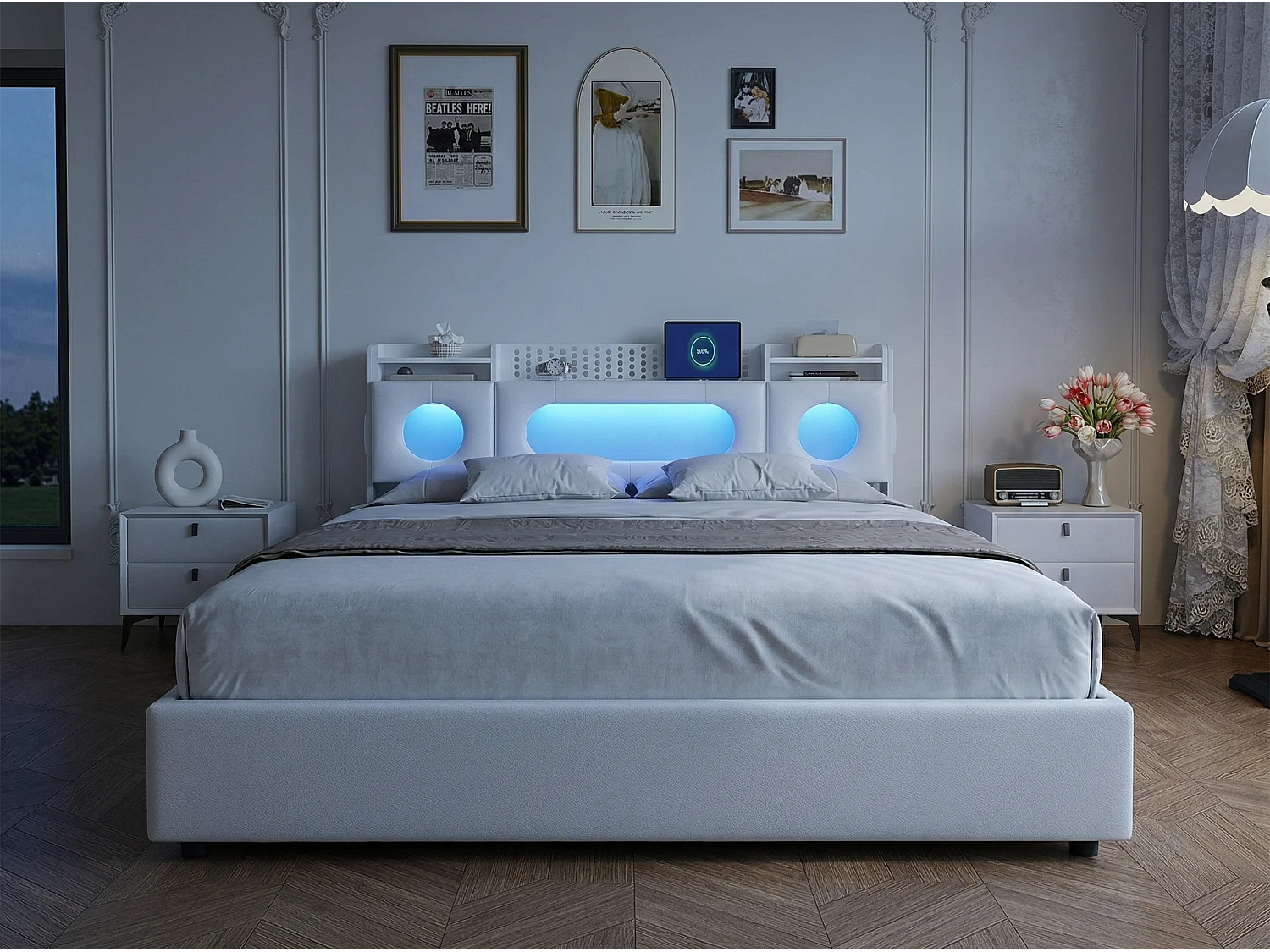 Lit coffre 160x200 cm en tissu lin - éclairage LED et port USB - tête de lit avec rangement - sommier à lattes avec rangement hydraulique