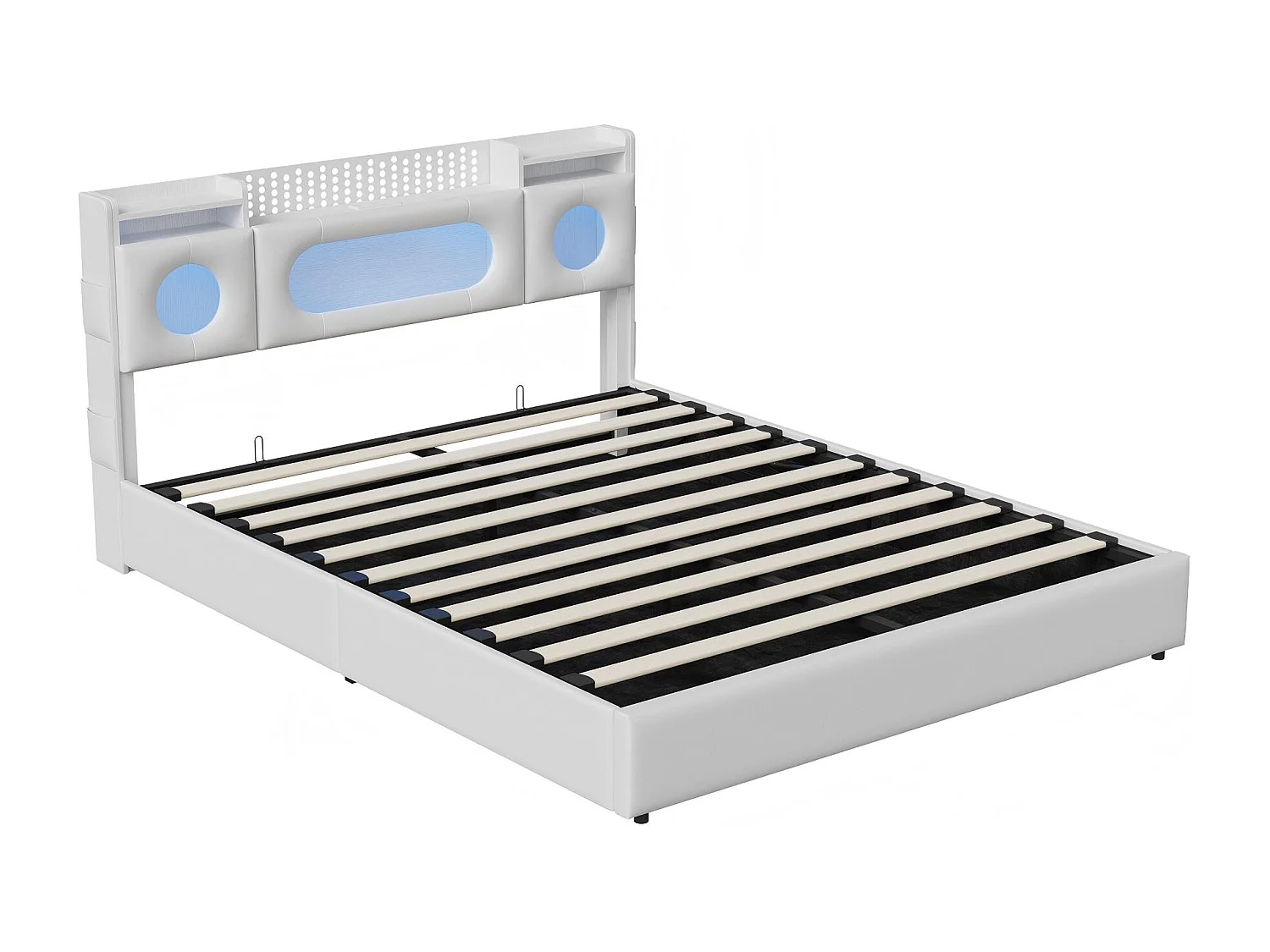 Lit coffre 160x200 cm en tissu lin - éclairage LED et port USB - tête de lit avec rangement - sommier à lattes avec rangement hydraulique