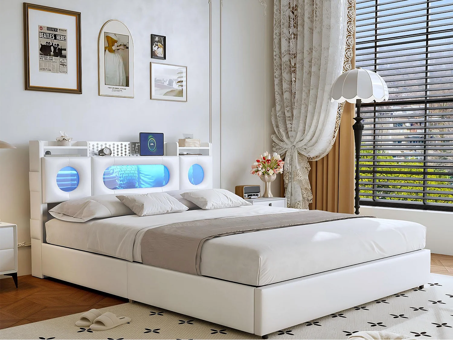 Lit coffre 160x200 cm en tissu lin - éclairage LED et port USB - tête de lit avec rangement - sommier à lattes avec rangement hydraulique