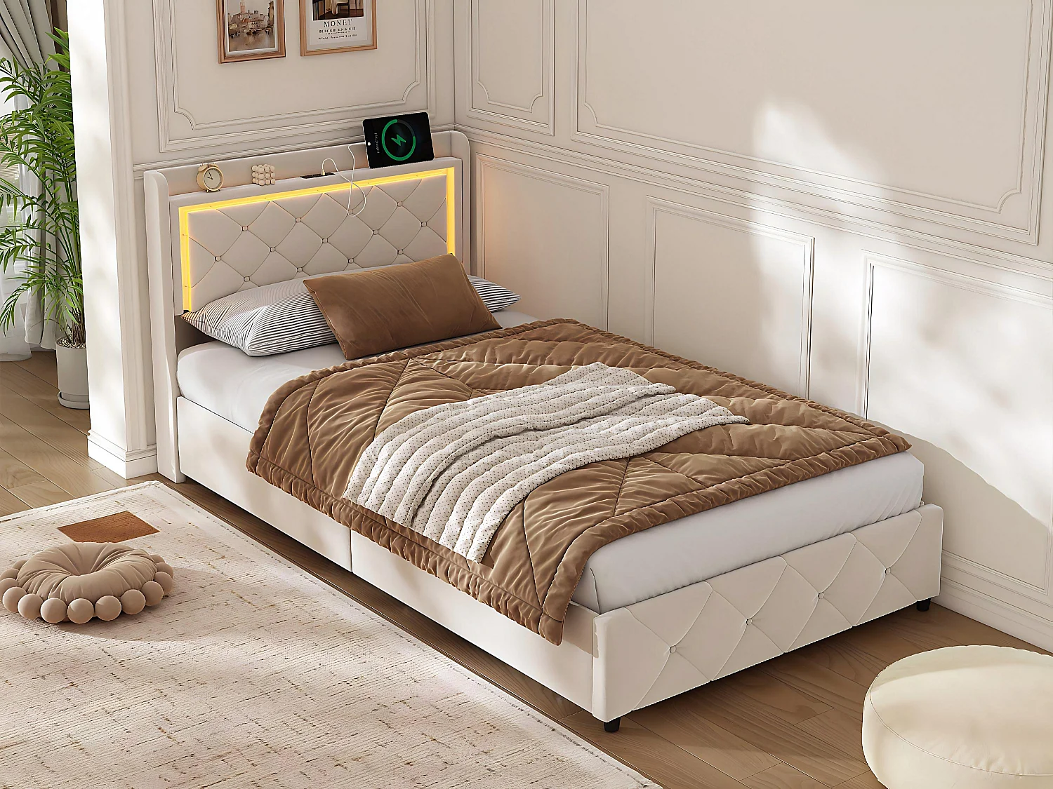 Lit coffre 90x200 avec LED et USB, lit double avec tête de lit rangement, lit en velours avec sommier