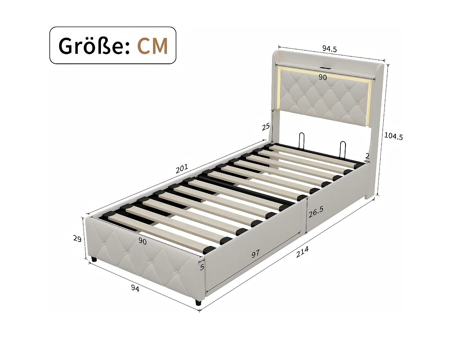 Lit coffre 90x200 avec LED et USB, lit double avec tête de lit rangement, lit en velours avec sommier