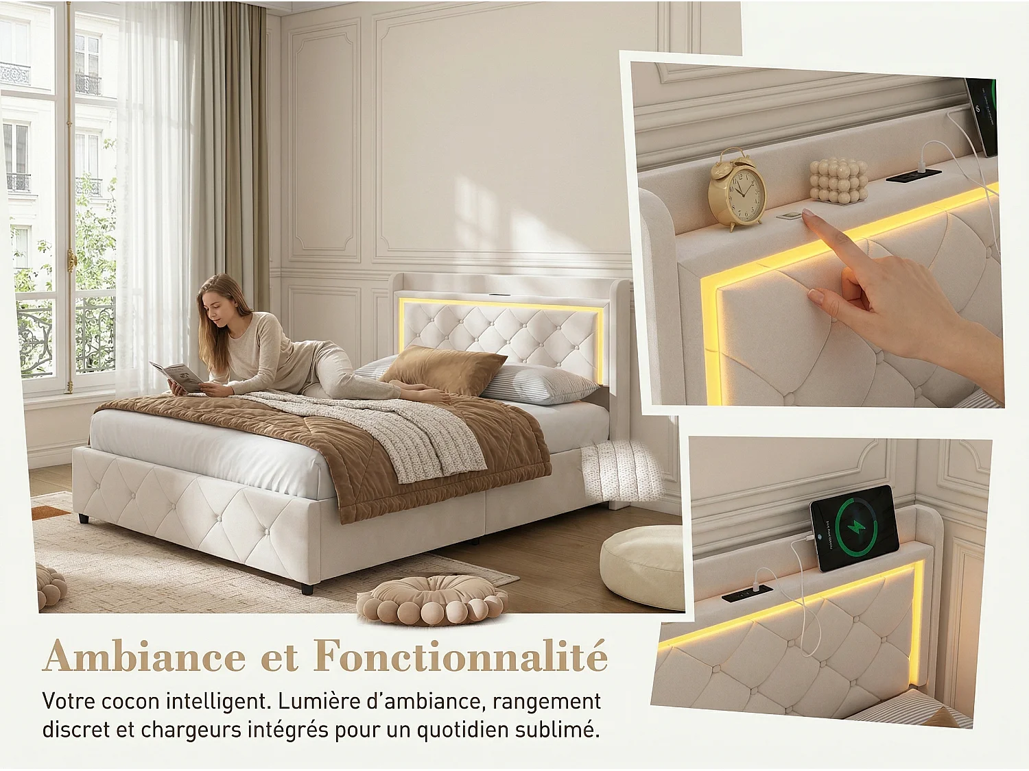 Lit coffre 90x200 avec LED et USB, lit double avec tête de lit rangement, lit en velours avec sommier