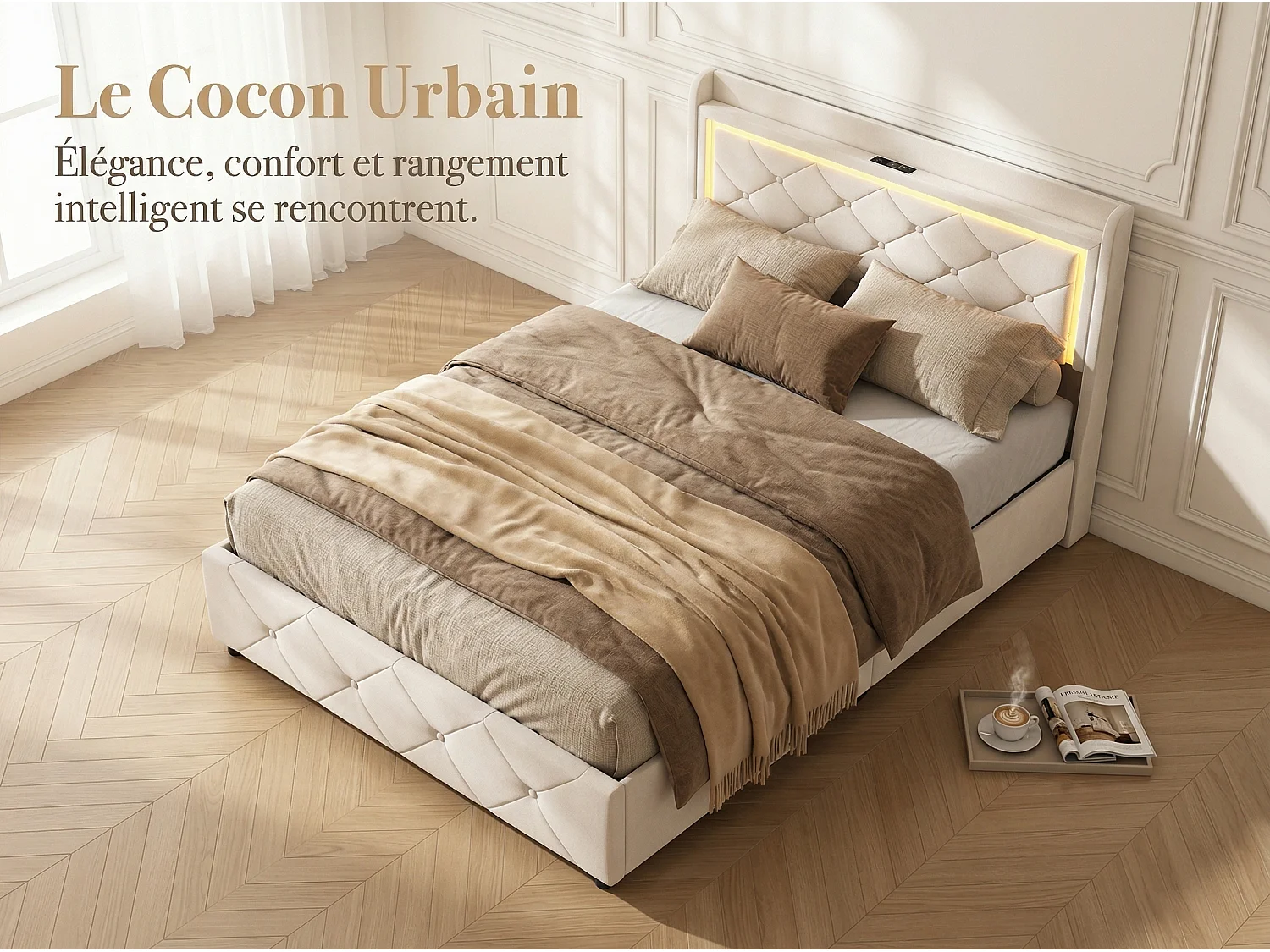 Lit coffre 90x200 avec LED et USB, lit double avec tête de lit rangement, lit en velours avec sommier