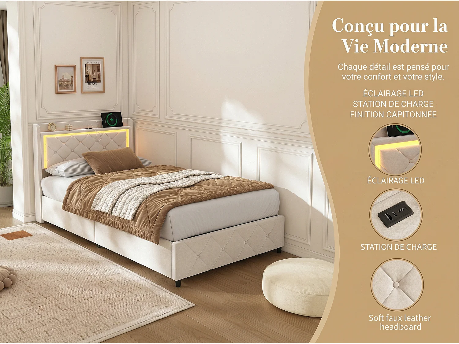 Lit coffre 90x200 avec LED et USB, lit double avec tête de lit rangement, lit en velours avec sommier